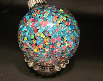Teal ornaments, Mermaid Glass ornaments, Glitter ornaments, Blue Gold Pink, Mess free ornament