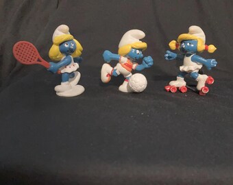 Vintage Sports Smurfettes Figurines - Tennis, Soccer, Rollerskate - 1980s Schleich Peyo