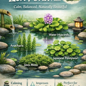 May include: A digitally illustrated Zen Pond Pack image featuring a serene pond with various aquatic plants like water hyacinth, anacharis, and java moss. The image includes text that reads "Zen Pond Pack" and "Calm, Balanced, Naturally Beautiful."