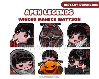 May include: A digital illustration set titled APEX LEGENDS WINGED MANECE WATTSON featuring six chibi-style character icons. The graphics display a character with dark hair and red eyes in various poses, including holding a drink, a knife, a pumpkin, and a bat.