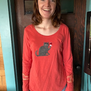 Wine Cat Applique Upcycled Pendleton Long Sleeve Shirt