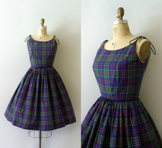 Vintage 1950s sundress - Navy and Green plaid cot… - image 1