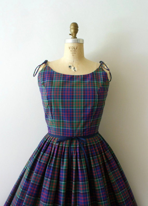 Vintage 1950s sundress - Navy and Green plaid cot… - image 3