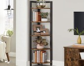 Industrial Rustic Brown 5 Tier Corner Bookshelf, Free Standing Corner Shelf, Industrial Corner Rack, Plant Stand for Living Room Furniture