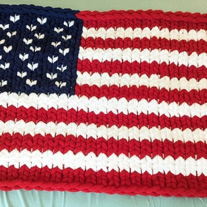 Chunky Knit American Flag Blanket: Handknit Patriotic Decor, Red, White and Blue