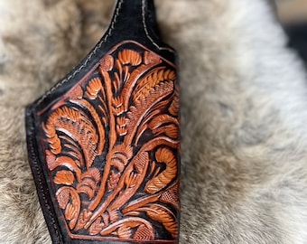 Brown Tooled Leather Gun Holster, Side Open Carry for 9mm Simi Automatic.