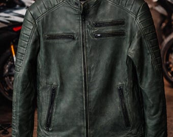 Men’s Green Leather Motorcycle Jacket Size L Padded Shoulders Elbows Fitted Moto Jacket Biker Style Lambskin Look