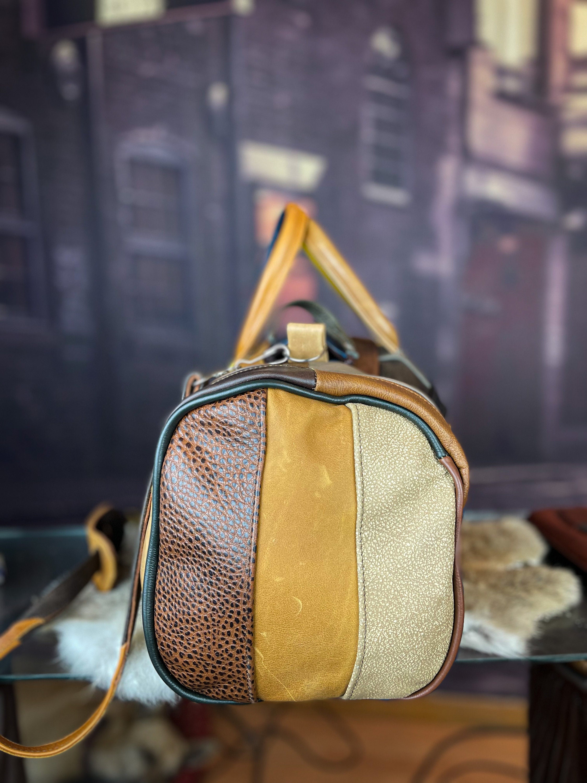Handcrafted Patchwork Leather Duffle Travel Bag - Rugged