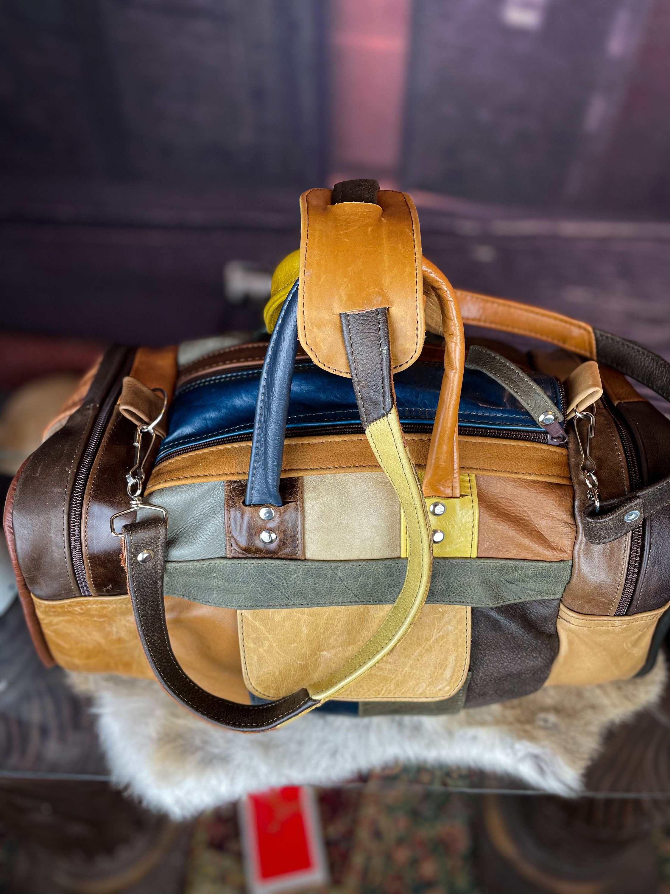Handcrafted Patchwork Leather Duffle Travel Bag - Rugged