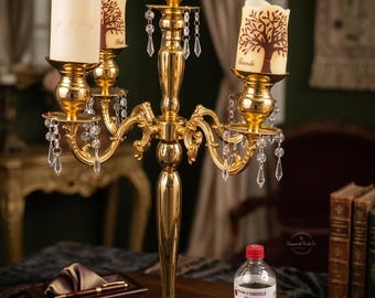 Gold Crystal Wedding Candelabra Centerpiece – 5 Arm Candle Holder – Elegant Table Decor – Event Decor – Banquet Centerpiece Good Condition