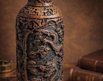 Asian Dragon Vase Bronze Finish Textured Relief Rustic Decorative Statement Piece Feng Shui Style Decor