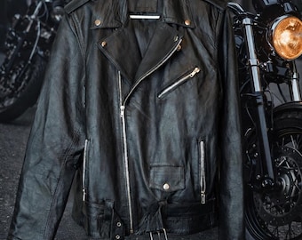 Men’s Black Leather Biker Jacket NEW Size M – Marlon Brando Style Moto Jacket Vintage Look Motorcycle Jacket Classic Rider Coat