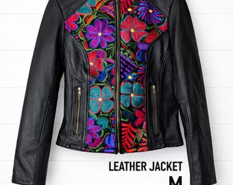 Women's Handmade Leather Jacket Size M Black Floral Embroidered High Quality Artisan Coat. Soft Leather & Will last for Many years!
