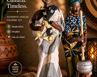 Handmade African Figurine Set Village Scene Pair Folk Art Sculptures Detailed Cultural Figures Home Decor. Real Cloth Garb