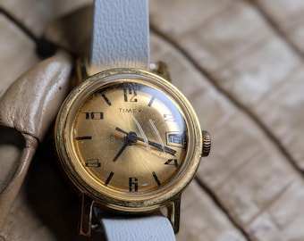 Vintage Timex Ladies Watch Gold Dial Hand Wind Running Date 27mm Classic Dress Watch New Strap