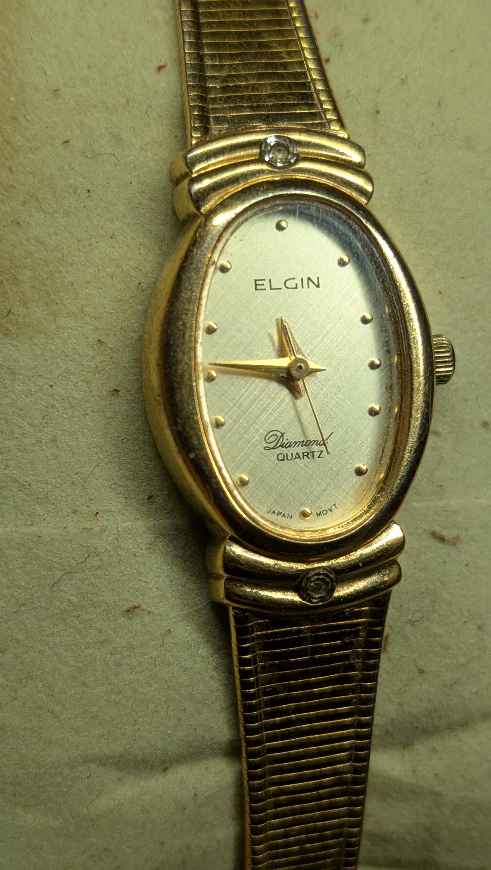 Montre Vintage Femme Elgin - Platine Et Acier Inoxydable Avec Diamant - Années 1920 - Mécanique
