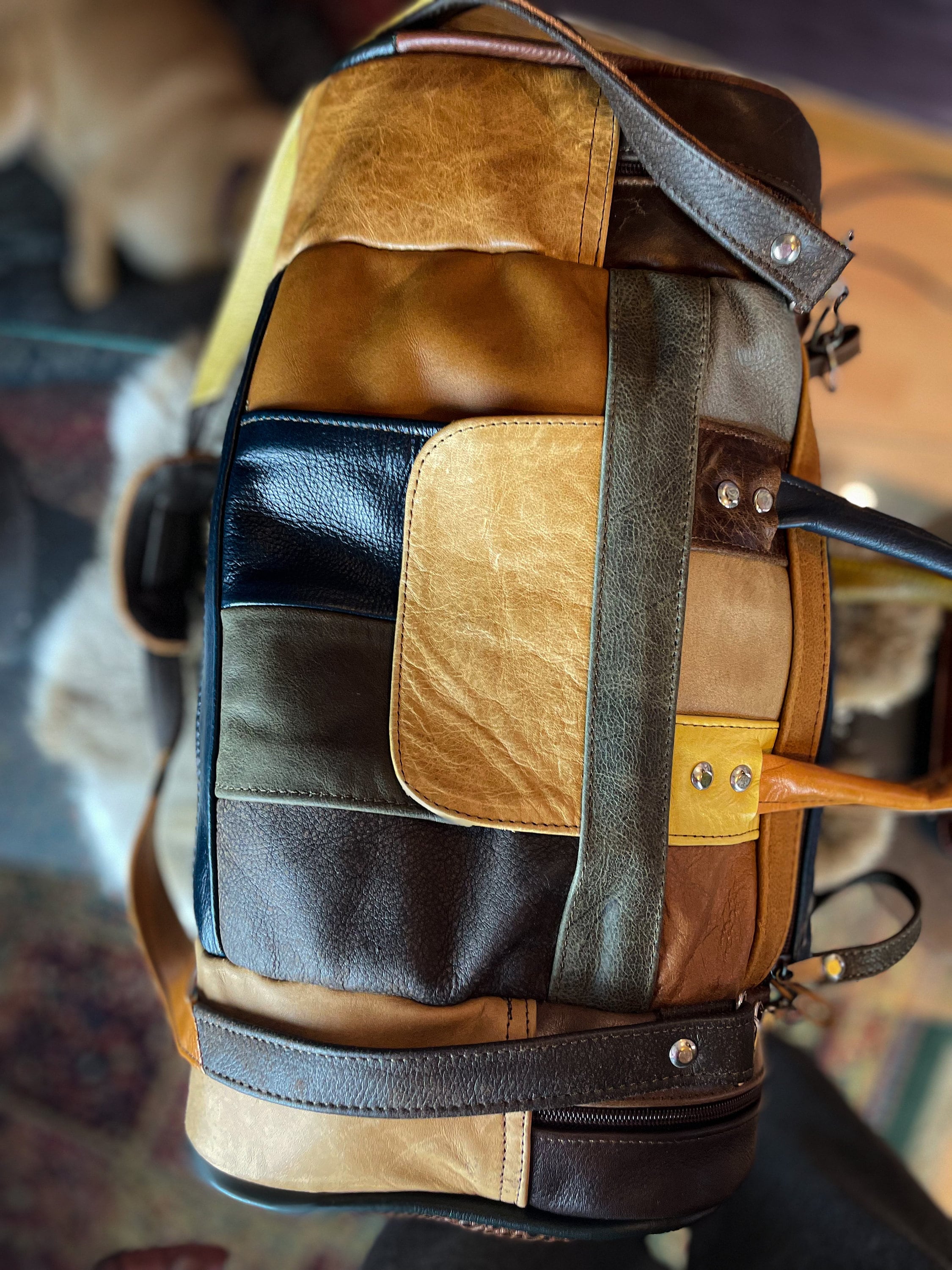 Handcrafted Patchwork Leather Duffle Travel Bag - Rugged