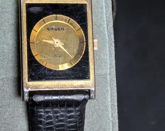 Vintage Gruen Tank Women’s Watch – Gold Tone Rectangular Case – Black Dial – Classic Dress Watch – Art Deco Style, New Battery & Running