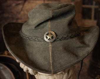 Leather Outback Hat Large L Rugged Western Cowboy Wide Brim Braided Band Patchwork, Sharifs Badge
