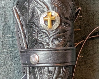 Hand Tooled Black Leather Western Gun Holster with Holy Cross Concho – Cowboy Style Fast Draw Holster .22, .357, .38, .44, .45 CALIBER.