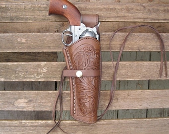 Western Gun Holster Brown TOOLED Quick Draw for .22, .357, .38, .44, .45 Caliber.HANDMADE Good Quality.
