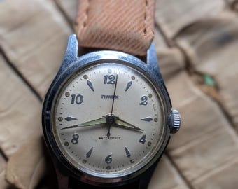 Vintage Timex Watch 34mm Running Well Cream Dial Military Style Hand-Wind Classic Patina Leather Strap USA Made