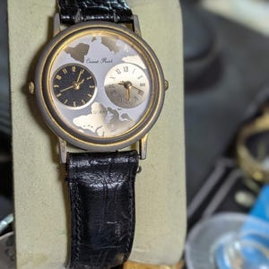 Vintage Orient Pearl Dual Time Quartz Watch 34mm World Map Dial Twin Time Zone Watch Running Both Movements New Black Strap