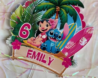 Adorno para tarta personalizado de Lilo y Stitch: Decoración hawaiana de cumpleaños