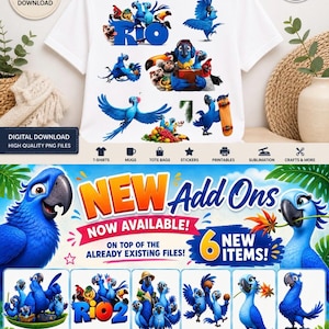 May include: A white t-shirt featuring a collection of blue macaw parrot characters from the movie Rio, including various poses and the movie logo. The design includes multiple birds, a skateboard, and tropical fruit elements in vibrant colors.