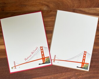 Personalized Golden Gate Bridge Note Card Set - San Francisco Minimalist Watercolor Custom Stationery - 8 A2 cards (A Day in San Francisco)