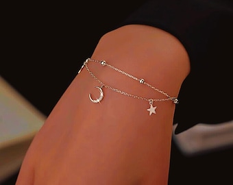 Moon & Stars Layered Bracelet: Zircon Celestial Charm, Sterling Silver