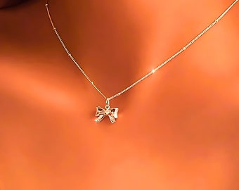 Sterling Silver Bow Pendant Necklace, Dainty Ribbon Jewelry