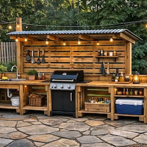 Può includere: Cucina e postazione barbecue in legno per esterni con grill nero, lavello e ripostiglio. La struttura ha un tetto in lamiera ondulata ed è illuminata da luci a corda, creando un'atmosfera rustica e invitante.