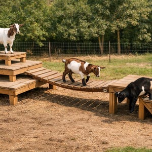 Könnte beinhalten: Drei Ziegen auf einem Holzspielplatz. Eine Ziege steht auf einer Plattform, eine andere überquert eine Brücke und eine dritte geht eine Treppe hinunter. Der Spielplatz ist aus Naturholz.