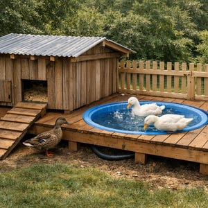 May include: A wooden duck house with a corrugated metal roof and a ramp. A blue plastic pool is on the wooden deck, with two white ducks swimming in it. A brown duck stands nearby on the grass.