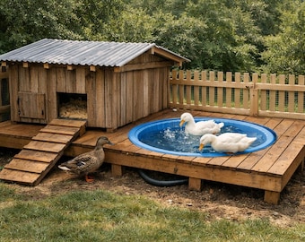 Plany budowy kurnika dla kaczek i tarasu przy basenie – platforma podwyższona z rampą (instrukcja budowy w formacie PDF)