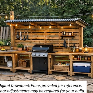 May include: Outdoor wooden kitchen and grilling station with a black grill, sink, and storage. The structure has a corrugated metal roof and is illuminated by string lights. The text "Digital Download: Plans provided for reference. Minor adjustments may be required for your build." is visible.