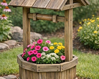 Planos para construir un pozo de los deseos con macetas – Proyecto de madera para vallas, decoración rústica de jardín.