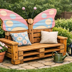 May include: A wooden butterfly bench with a painted backrest in pink, blue, and yellow. The bench has two cushions and sits on a stone patio. A terracotta pot with flowers, a watering can, and a lantern are nearby.