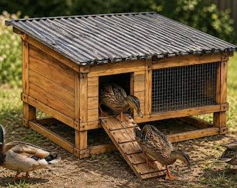 Planos para construir un gallinero para patos con techo abatible, suelo de malla metálica, a prueba de depredadores y de fácil limpieza.