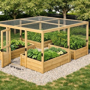 Puede incluir: Un huerto elevado de madera con una estructura de malla metálica. El huerto contiene varias plantas verdes y está rodeado de grava y hierba. La estructura tiene una puerta y mide aproximadamente 66 cm de ancho.