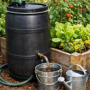 May include: A black water butt with a green pump, connected to a hose and filling a metal bucket. A metal watering can is nearby. The scene is set in a garden with tomato plants and a raised bed.