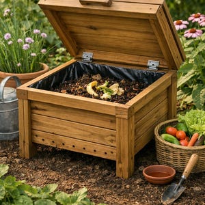 May include: A wooden compost bin with the lid open, showing compost materials. The bin is in a garden setting with plants, flowers, and a basket of vegetables. A small shovel and bowl are nearby.