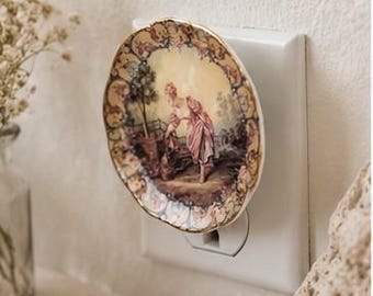 Upcycled Porcelain Plate Outlet Cover | Romantic Victorian Pastoral Scene Wall Decor