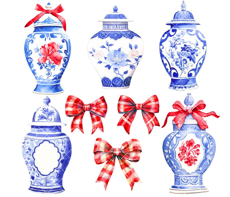 Watercolor Christmas Ginger Jars, Chinoiserie Ginger Jars, Festive