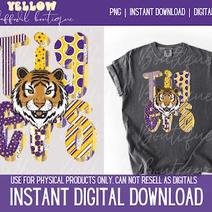 Mascota preppy de los Tigres, descarga digital, tigre morado dorado, descarga digital, PNG popular, DTG, sublimación, DTF