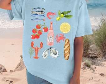 Rosé and Seafood Picnic Tee, Coastal Summer Comfort Colors Shirt, Watercolor Foodie Graphic, French Market Vibes