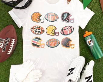Retro Fußball-Grafik-T-Stück, Fußballhelme, Spieltag-T-Stück, Tailgate-T-Stück, Fußball-T-Shirt, Komfortfarben