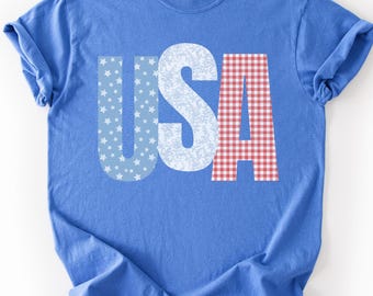 USA Faux Patchwork Tee,  Patriotic 4th of July Shirt, Vintage Americana Graphic Tee,  Patriotic Shirt