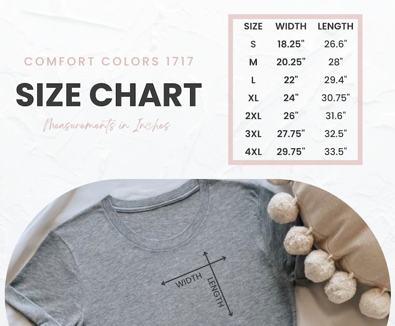 May include: Size chart for a t-shirt in sizes S through 4XL. The chart shows the width and length measurements in inches.